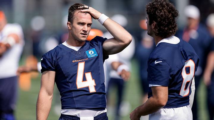 Denver Broncos quarterback Sam Ehlinger (4) and quarterback Jarrett Stidham (8) during Denver Broncos Training Camp. Denver Broncos quarterback Sam Ehlinger (4) and quarterback Jarrett Stidham (8) during Denver Broncos Training Camp.