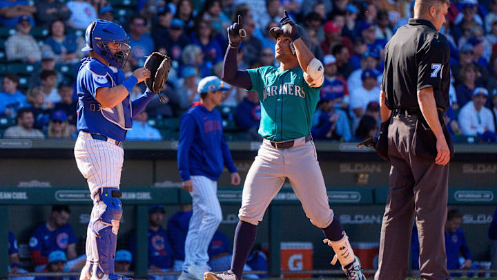 Mar 8, 2025; Mesa, Arizona, USA; Seattle Mariners catcher Harry Ford (72) reacts after hitting a home run in the eighth inning during a spring training game against the Chicago Cubs at Sloan Park. Mandatory Credit: Allan Henry-Imagn Images Mar 8, 2025; Mesa, Arizona, USA; Seattle Mariners catcher Harry Ford (72) reacts after hitting a home run in the eighth inning during a spring training game against the Chicago Cubs at Sloan Park. Mandatory Credit: Allan Henry-Imagn Images