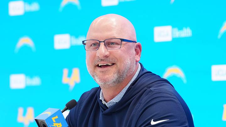 Apr 16, 2026; El Segundo, CA, USA; Los Angeles Chargers general manager Joe Hortiz speaks at press conference at The Bolt. Mandatory Credit: Kirby Lee-Imagn Images