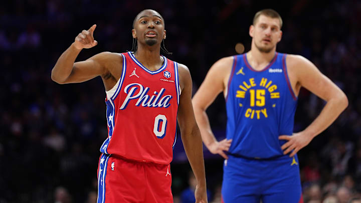 Jan 31, 2025; Philadelphia, Pennsylvania, USA; Philadelphia 76ers guard Tyrese Maxey (0) reacts against the Denver Nuggets in the first quarter at Wells Fargo Center. Mandatory Credit: Kyle Ross-Imagn Images