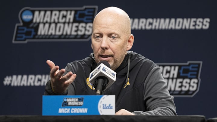 Mar 15, 2023; Sacramento, CA, USA; UCLA Bruins head coach Mike Cronin addresses the media in a press conference during practice day at Golden 1 Center. Mandatory Credit: Kyle Terada-Imagn Images Mar 15, 2023; Sacramento, CA, USA; UCLA Bruins head coach Mike Cronin addresses the media in a press conference during practice day at Golden 1 Center. Mandatory Credit: Kyle Terada-Imagn Images