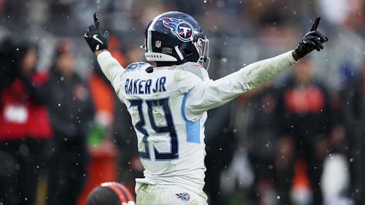 Tennessee Titans cornerback Darrell Baker Jr. reacts after breaking up a pass intended for Cleveland Browns wide receiver Isaiah Bond during the third quarter at Huntington Bank Field last December.