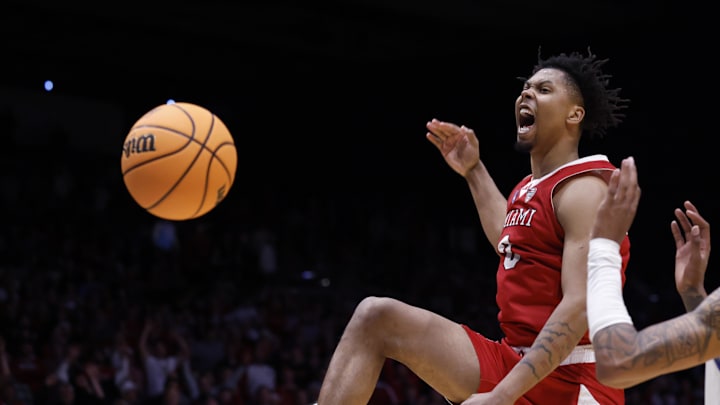 Mar 18, 2026; Dayton, OH, USA; Miami (OH) RedHawks wing Eian Elmer (0) dunks in the second half against the SMU Mustangs during a first four game of the men's 2026 NCAA Tournament at University of Dayton Arena. Mandatory Credit: Rick Osentoski-Imagn Images Mar 18, 2026; Dayton, OH, USA; Miami (OH) RedHawks wing Eian Elmer (0) dunks in the second half against the SMU Mustangs during a first four game of the men's 2026 NCAA Tournament at University of Dayton Arena. Mandatory Credit: Rick Osentoski-Imagn Images