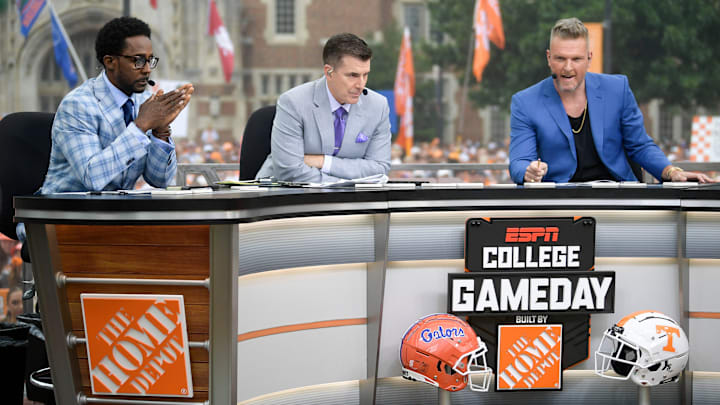 From left, Desmond Howard, Rece Davis, and Pat McAfee at the ESPN College GameDay stage outside of Ayres Hall on the University of Tennessee campus in Knoxville, Tenn. on Saturday, Sept. 24, 2022. The flagship ESPN college football pregame show returned for the tenth time to Knoxville as the No. 12 Vols hosted the No. 22 Gators.Kns Espn College Gameday