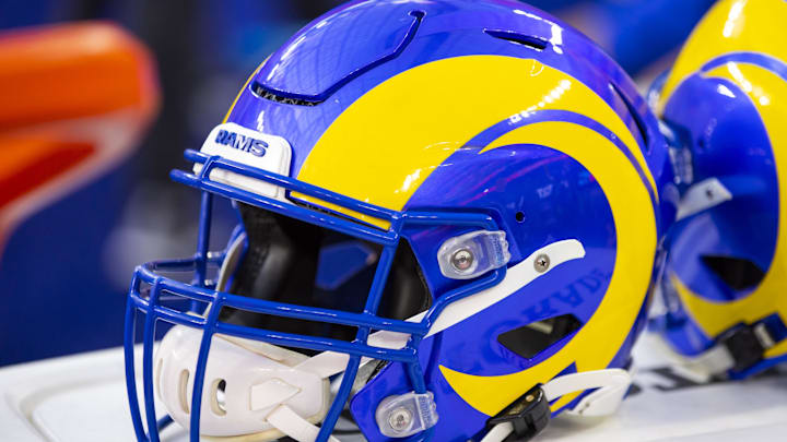 Feb 13, 2022; Inglewood, CA, USA; Detailed view of a Los Angeles Rams helmet during Super Bowl LVI