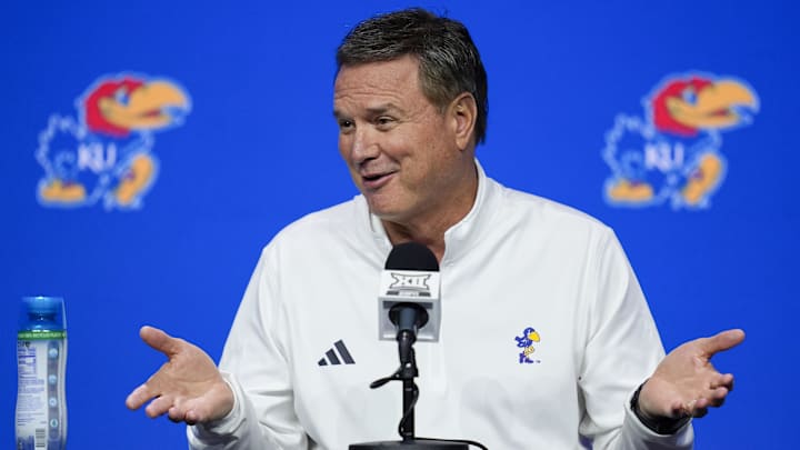 Oct 23, 2024; Kansas City, MO, USA; Kansas Jayhawks head coach Bill Self talks to media during the Big 12 Men’s Basketball Media Day at T-Mobile Center. Mandatory Credit: Jay Biggerstaff-Imagn Images Oct 23, 2024; Kansas City, MO, USA; Kansas Jayhawks head coach Bill Self talks to media during the Big 12 Men’s Basketball Media Day at T-Mobile Center. Mandatory Credit: Jay Biggerstaff-Imagn Images