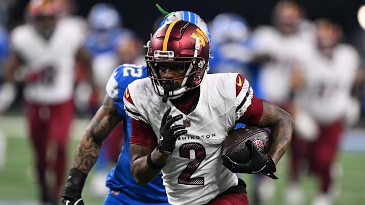 Jan 18, 2025; Detroit, Michigan, USA; Washington Commanders wide receiver Dyami Brown (2) runs the ball during the first quarter against Detroit Lions in a 2025 NFC divisional round game at Ford Field. Mandatory Credit: Lon Horwedel-Imagn Images