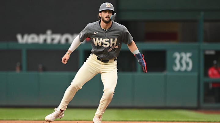 Sep 29, 2024; Washington, District of Columbia, USA; Washington Nationals right fielder Dylan Crews (3) takes a lead off of first base against the Philadelphia Phillies during the second inning at Nationals Park. 