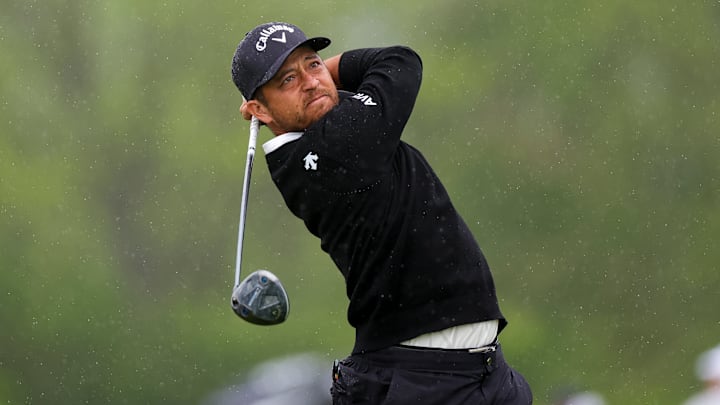 Xander Schauffele tees off during the second round of the 2025 Truist Championship