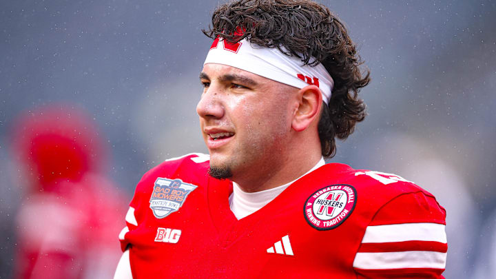 Dec 28, 2024; Bronx, NY, USA; Nebraska Cornhuskers quarterback Dylan Raiola (15) looks on before the game against the Boston College Eagles at Yankee Stadium. Mandatory Credit: Vincent Carchietta-Imagn Images