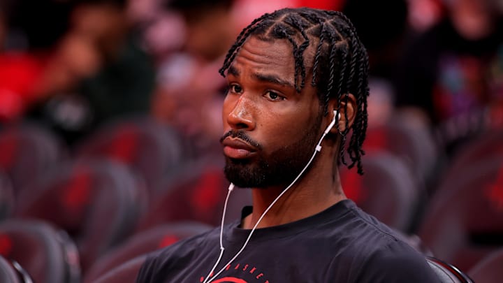 Mar 20, 2026; Houston, Texas, USA; Houston Rockets forward Tari Eason (17) prior to the game against the Atlanta Hawks at Toyota Center. Mandatory Credit: Erik Williams-Imagn Images