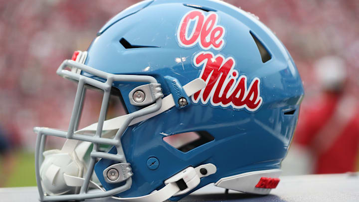 Nov 2, 2024; Fayetteville, Arkansas, USA; Ole Miss Rebels helmet during the game against the Arkansas Razorbacks at Donald W. Reynolds Razorback Stadium. Mississippi won 63-31. Mandatory Credit: Nelson Chenault-Imagn Images