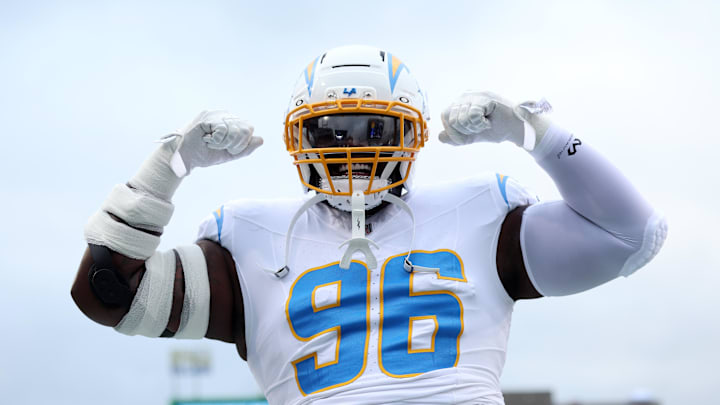 Jul 31, 2025; Canton, Ohio, USA; Los Angeles Chargers defensive tackle Naquan Jones (96) reacts in during the warm ups before the game against the Detroit Lions at Tom Benson Hall of Fame Stadium. Mandatory Credit: Scott Galvin-Imagn Images