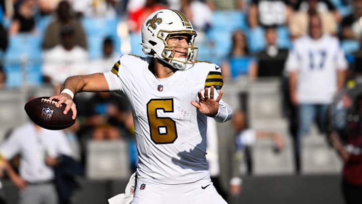 Nov 9, 2025; Charlotte, North Carolina, USA; New Orleans Saints quarterback Tyler Shough (6) throws a pass during the third quarter against the Carolina Panthers at Bank of America Stadium. Mandatory Credit: Bob Donnan-Imagn Images