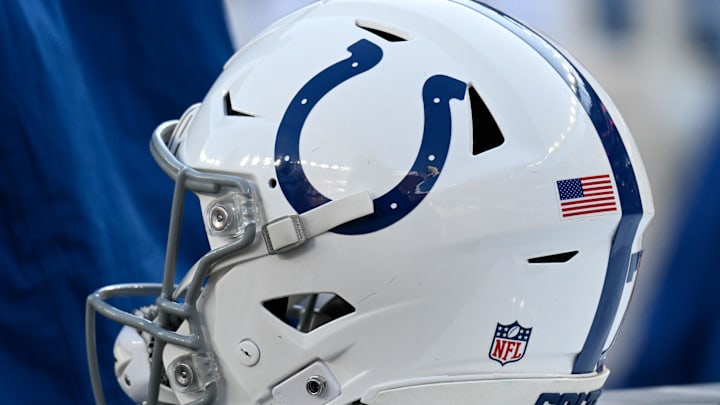 Dec 1, 2024; Foxborough, Massachusetts, USA; An Indianapolis Colts helmet sits on an equipment case during the first half against the New England Patriots at Gillette Stadium. Mandatory Credit: Eric Canha-Imagn Images