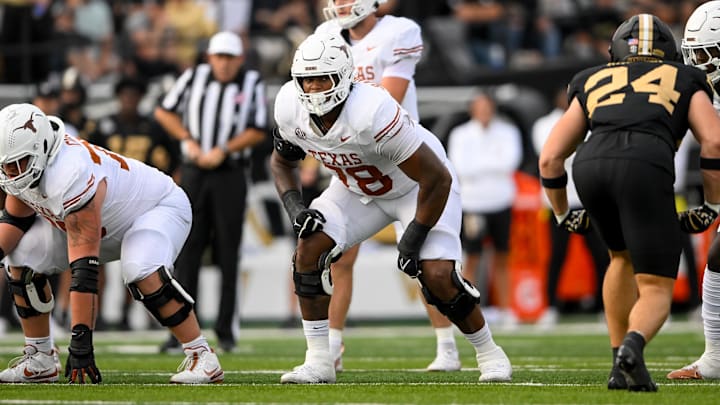 Oct 26, 2024; Nashville, Tennessee, USA;  Texas Longhorns offensive lineman Kelvin Banks Jr. (78) against the Vanderbilt Commodores during the first half at FirstBank Stadium. Mandatory Credit: Steve Roberts-Imagn Images