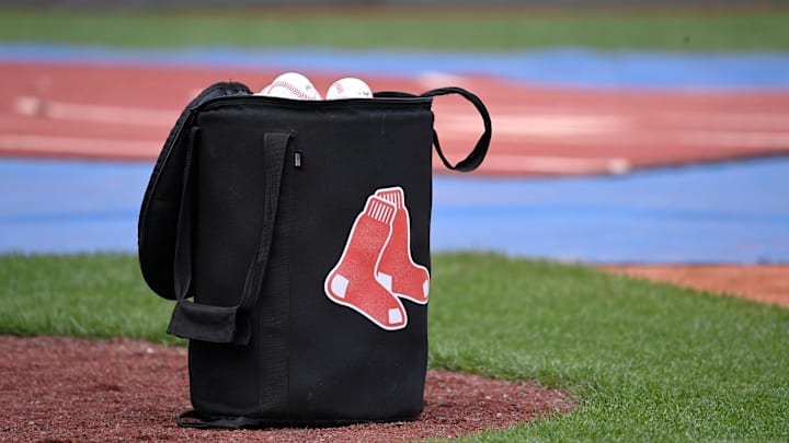 May 12, 2024; Boston, Massachusetts, USA;  A bag of baseballs sits on the diamond before a game against between the Boston Red Sox and the Washington Nationals at Fenway Park. Mandatory Credit: Eric Canha-Imagn Images