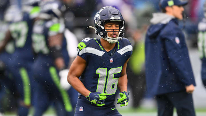 Dec 22, 2024; Seattle, Washington, USA; Seattle Seahawks wide receiver Tyler Lockett (16) during warmups before the game against the Minnesota Vikings at Lumen Field. Mandatory Credit: Steven Bisig-Imagn Images