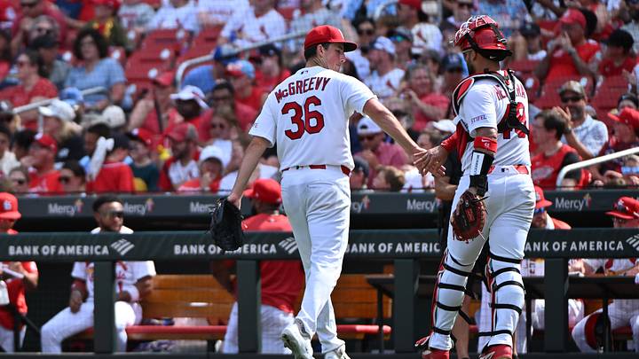 Sep 13, 2026; St. Louis, Missouri, USA;  St. Louis Cardinals pitcher Michael McGreevy (36) reacts with catcher Ivan Herrera (48) during the sixth inning against the Chicago White Sox at Busch Stadium.  Mandatory Credit: Jeff Le-Imagn Images