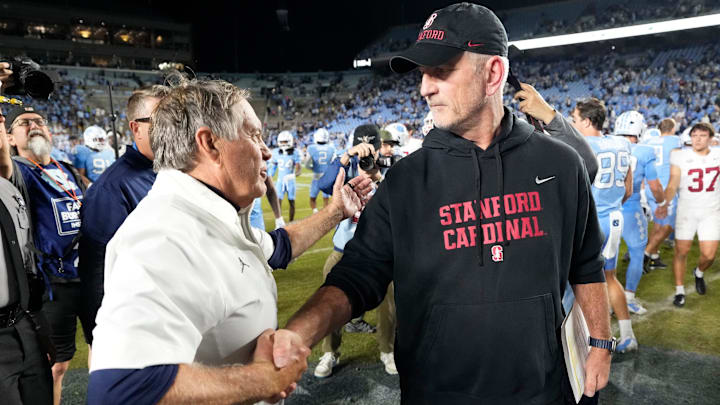 Nov 8, 2025; Chapel Hill, North Carolina, USA; North Carolina Tar Heels head coach Bill Belichick with Stanford Cardinal head coach Frank Reich after the game at Kenan Stadium. Mandatory Credit: Bob Donnan-Imagn Images Nov 8, 2025; Chapel Hill, North Carolina, USA; North Carolina Tar Heels head coach Bill Belichick with Stanford Cardinal head coach Frank Reich after the game at Kenan Stadium. Mandatory Credit: Bob Donnan-Imagn Images