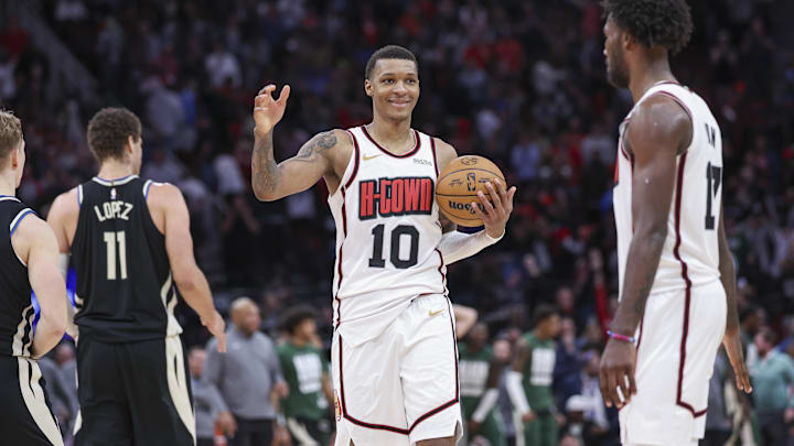 Feb 25, 2025; Houston, Texas, USA; Houston Rockets forward Jabari Smith Jr. (10) smiles and celebrates with forward Tari Eason (17) after the game against the Milwaukee Bucks at Toyota Center. Mandatory Credit: Troy Taormina-Imagn Images Feb 25, 2025; Houston, Texas, USA; Houston Rockets forward Jabari Smith Jr. (10) smiles and celebrates with forward Tari Eason (17) after the game against the Milwaukee Bucks at Toyota Center. Mandatory Credit: Troy Taormina-Imagn Images