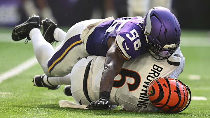 Sep 21, 2025; Minneapolis, Minnesota, USA; Cincinnati Bengals quarterback Jake Browning (6) is sacked by Minnesota Vikings linebacker Austin Keys (56) during the second half at U.S. Bank Stadium. Mandatory Credit: Jeffrey Becker-Imagn Images