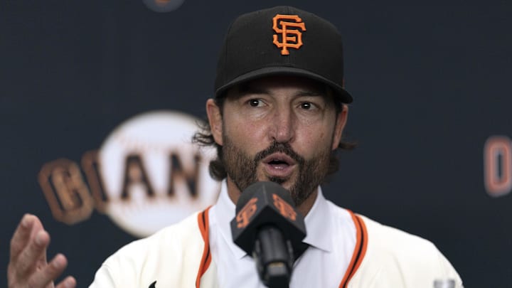 Tony Vitello answers questions from the media as he is introduced as the new manager of the San Francisco Giants at Oracle Park. 