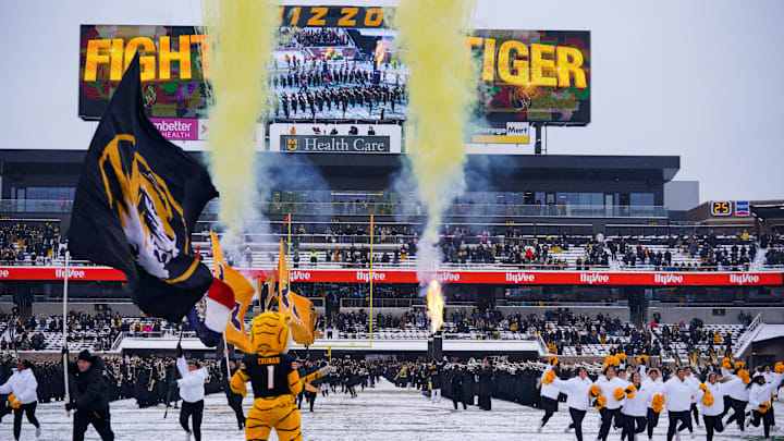 Nov 30, 2024; Columbia, Missouri, USA; The Missouri Tigers tigers take the field against the Arkansas Razorbacks prior to a game at Faurot Field at Memorial Stadium. Mandatory Credit: Denny Medley-Imagn Images