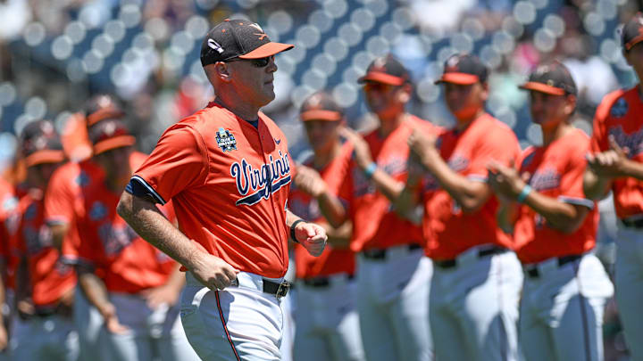 Jun 14, 2024; Omaha, NE, USA;  Virginia Cavalier head coach Brian O'Connor takes the field before the game against the North Carolina Tar Heels at Charles Schwab Filed Omaha. Mandatory Credit: Steven Branscombe-Imagn Images