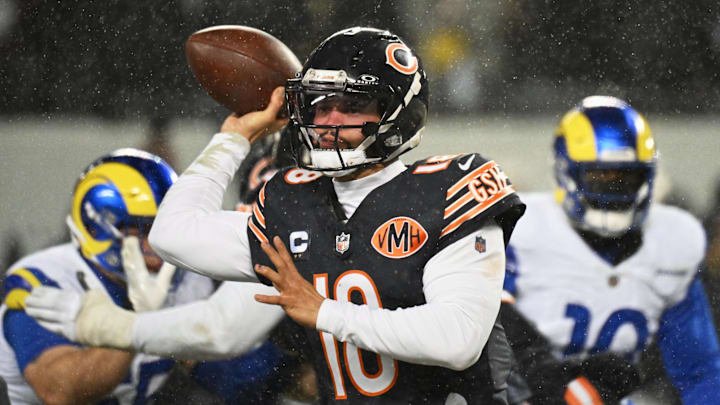 Jan 18, 2026; Chicago, IL, USA; Chicago Bears quarterback Caleb Williams (18) throws a pass against the Los Angeles Rams during the third quarter of an NFC Divisional Round game at Soldier Field. Mandatory Credit: Matt Marton-Imagn Images