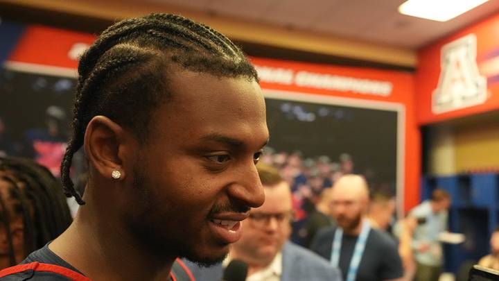 Arizona Wildcats guard Jaden Bradley during open locker room ahead of the Final Four. Arizona Wildcats guard Jaden Bradley during open locker room ahead of the Final Four.