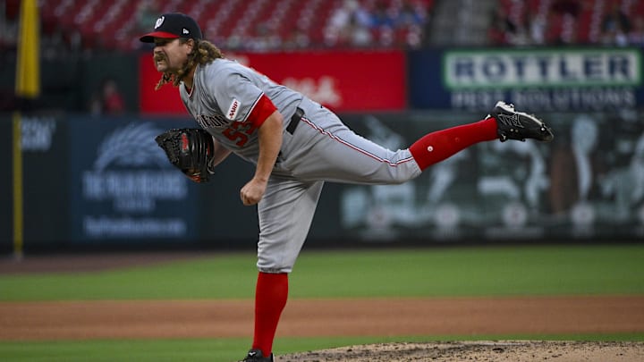 Jul 10, 2025; St. Louis, Missouri, USA;  Washington Nationals relief pitcher Andrew Chafin (53) pitches against the St. Louis Cardinals during the fifth inning at Busch Stadium. Mandatory Credit: Jeff Curry-Imagn Images