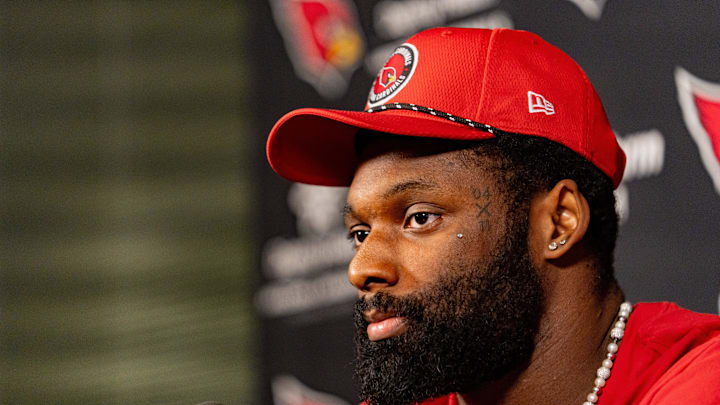 Josh Sweat speaks to members of the media at the Arizona Cardinals Training Center in Tempe on March 13, 2025.