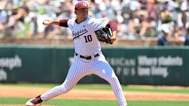 Jun 8, 2024; College Station, TX, USA; Texas A&M pitcher Chris Cortez (10) delivers a ptich during the second inning against the Oregon at Olsen Field, Blue Bell Park Mandatory Credit: Maria Lysaker-Imagn Images Jun 8, 2024; College Station, TX, USA; Texas A&M pitcher Chris Cortez (10) delivers a ptich during the second inning against the Oregon at Olsen Field, Blue Bell Park Mandatory Credit: Maria Lysaker-Imagn Images