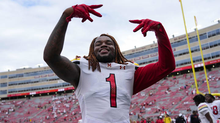 Sep 20, 2025; Madison, Wisconsin, USA;  Maryland Terrapins linebacker Daniel Wingate (1) celebrates following the game against the Wisconsin Badgers at Camp Randall Stadium. Mandatory Credit: Jeff Hanisch-Imagn Images