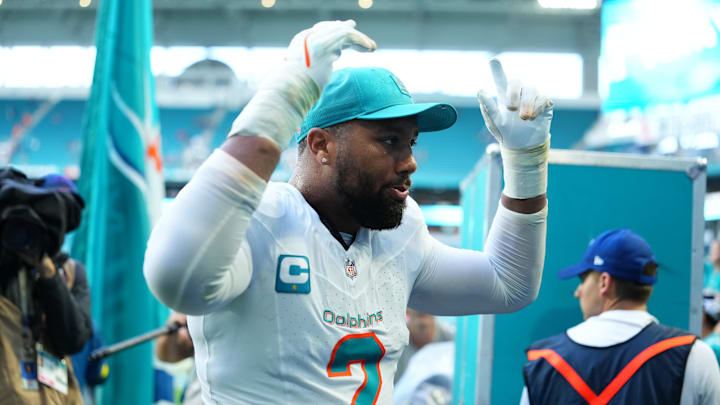 Nov 30, 2025; Miami Gardens, Florida, USA; Miami Dolphins linebacker Bradley Chubb (2) leaves the field following a game against the New Orleans Saints at Hard Rock Stadium