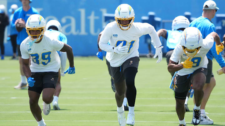 Los Angeles Chargers receivers Jaylen Johnson, Mike Williams, and Tre Harris during organized team activities at The Bolt.