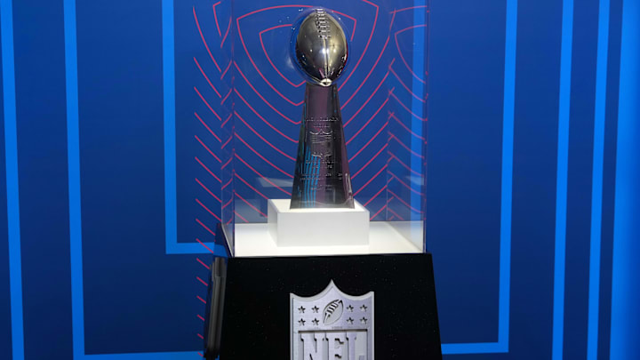 Feb 27, 2025; Indianapolis, IN, USA; A Super Bowl Vince Lombardi Trophy at the 2025 NFL Scouting Combine Experience at Lucas Oil Stadium. Mandatory Credit: Kirby Lee-Imagn Images