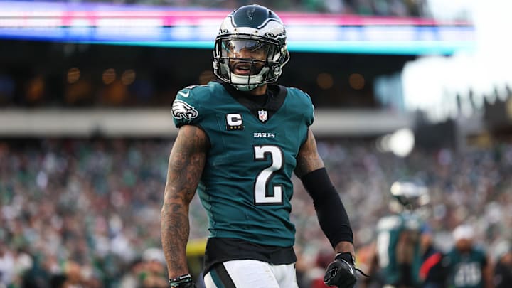 Dec 8, 2024; Philadelphia, Pennsylvania, USA; Philadelphia Eagles cornerback Darius Slay Jr. (2) reacts after a defensive stop against the Carolina Panthers during the fourth quarter at Lincoln Financial Field. Mandatory Credit: Bill Streicher-Imagn Images Dec 8, 2024; Philadelphia, Pennsylvania, USA; Philadelphia Eagles cornerback Darius Slay Jr. (2) reacts after a defensive stop against the Carolina Panthers during the fourth quarter at Lincoln Financial Field. Mandatory Credit: Bill Streicher-Imagn Images