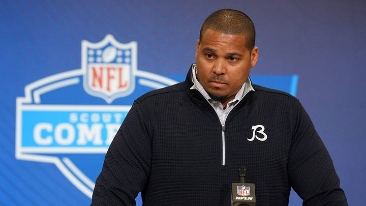 Feb 24, 2026; Indianapolis, IN, USA; Chicago Bears general manager Ryan Poles speaks at the NFL Scouting Combine at the Indiana Convention Center. Mandatory Credit: Kirby Lee-Imagn Images