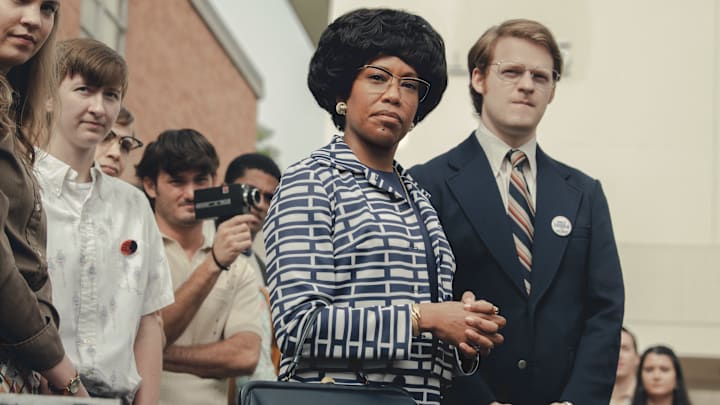 SHIRLEY. Regina King as Shirley Chisholm and Lucas Hedges as Robert Gottlieb in Shirley. Cr. Glen Wilson/Netflix © 2023.