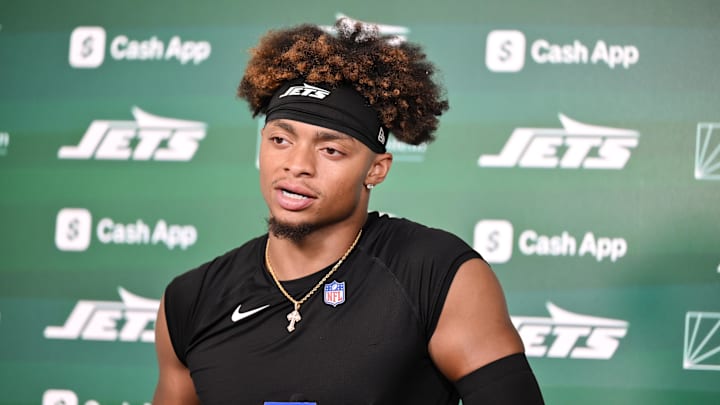 Jun 11, 2025; Florham Park, NY, USA; New York Jets quarterback Justin Fields (7) speaks at a press conference during minicamp at Atlantic Health Jets Training Center. Mandatory Credit: John Jones-Imagn Images