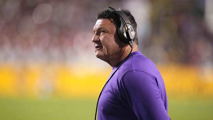 Nov 13, 2021; Baton Rouge, Louisiana, USA; LSU Tigers head coach Ed Orgeron reacts in the first half against the Arkansas Razorbacks at Tiger Stadium. Mandatory Credit: Kirby Lee-Imagn Images