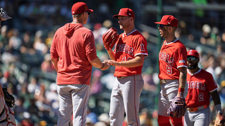 Aug 17, 2025; West Sacramento, California, USA; Los Angeles Angels pitcher Reid Detmers (48) is relieved by  interim manager Ray Montgomery (81) during the eighth inning at Sutter Health Park. Mandatory Credit: Neville E. Guard-Imagn Images