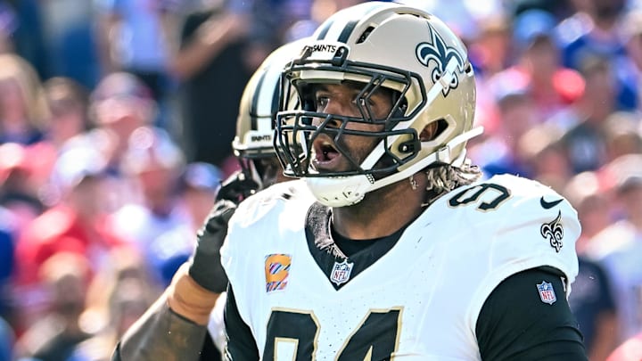 Sep 28, 2025; Orchard Park, New York, USA; New Orleans Saints defensive end Cameron Jordan (94) celebrates a sack against the Buffalo Bills in the second quarter at Highmark Stadium. Mandatory Credit: Mark Konezny-Imagn Images