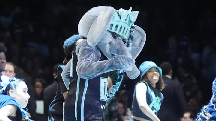 Sep 29, 2024; Brooklyn, New York, USA; Ellie the New York Liberty mascot performs during game one of the 2024 WNBA Semi-finals against the Las Vegas Aces at Barclays Center. Mandatory Credit: Gregory Fisher-Imagn Images