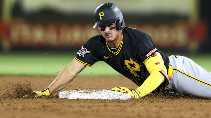 Mar 9, 2026; Tampa, Florida, USA; Pittsburgh Pirates shortstop Konnor Griffin (75) runs to second base on a two-rbi double against the New York Yankees in the fifth inning during spring training at George M. Steinbrenner Field. Mandatory Credit: Nathan Ray Seebeck-Imagn Images