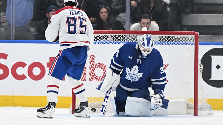Dec 6, 2025; Toronto, Ontario, CAN; Montreal Canadiens forward Alexandre Texier (85) scores a goal against Toronto Maple Leafs goalie Dennis Hildeby (35) during the overtime shootout at Scotiabank Arena. Mandatory Credit: Dan Hamilton-Imagn Images Dec 6, 2025; Toronto, Ontario, CAN; Montreal Canadiens forward Alexandre Texier (85) scores a goal against Toronto Maple Leafs goalie Dennis Hildeby (35) during the overtime shootout at Scotiabank Arena. Mandatory Credit: Dan Hamilton-Imagn Images
