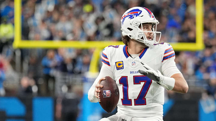 Buffalo Bills quarterback Josh Allen sets up to pass against the Detroit Lions