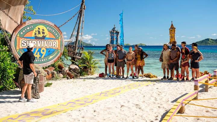 “Go Kick Rocks, Bro” – An unexpected shakeup shifts the castaways’ game trajectories in an all-new direction. Teammates must rely on one another to succeed in a grueling immunity and reward challenge. Then, a wild goose chase unfolds to reinstate one castaway’s vote after the discovery of a beware advantage, on SURVIVOR, Wednesday, Oct. 15. Pictured (L-R): Jeff Probst, Michelle “MC” Chukwujekwu, Shannon Fairweather, Steven Ramm, Alex Moore, Sophie Segreti, Sage Ahrens-Nichols, Kristina Mills, “Go Kick Rocks, Bro” – An unexpected shakeup shifts the castaways’ game trajectories in an all-new direction. Teammates must rely on one another to succeed in a grueling immunity and reward challenge. Then, a wild goose chase unfolds to reinstate one castaway’s vote after the discovery of a beware advantage, on SURVIVOR, Wednesday, Oct. 15. Pictured (L-R): Jeff Probst, Michelle “MC” Chukwujekwu, Shannon Fairweather, Steven Ramm, Alex Moore, Sophie Segreti, Sage Ahrens-Nichols, Kristina Mills,